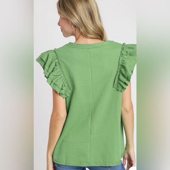 Umgee Apple Green Double Layered Ruffle Sleeve Top - Picture 2 of 5